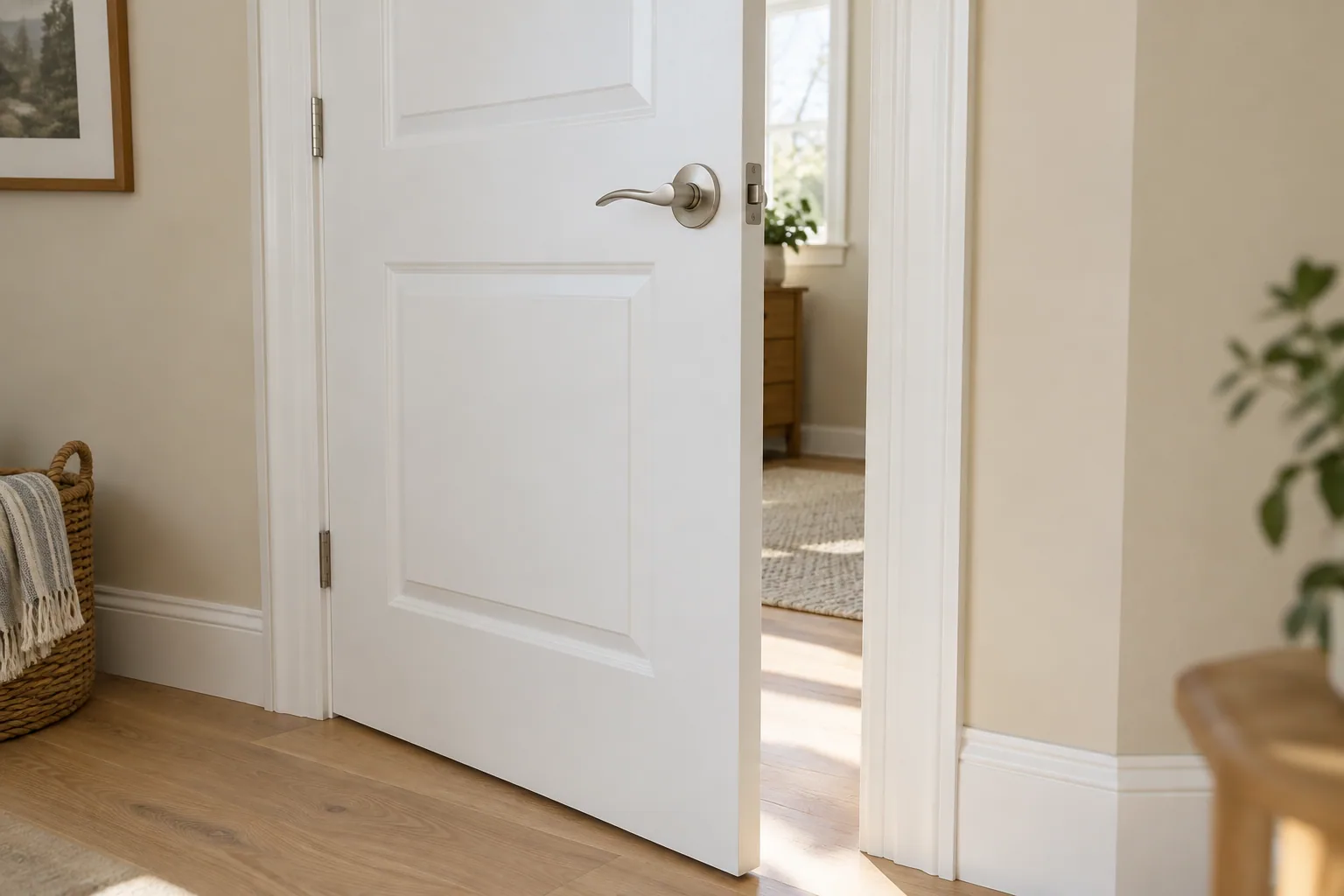 A neatly finished white door with nickel hardware