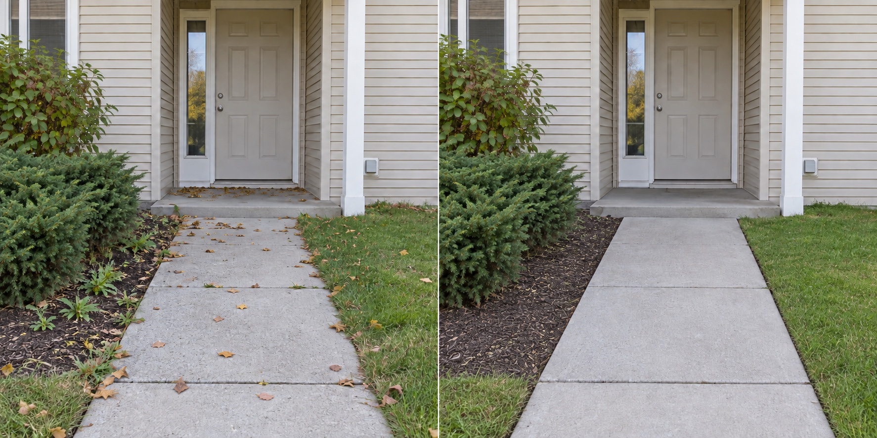 Before-and-after example of a shared entrance with leaves and weeds, then cleaned up.