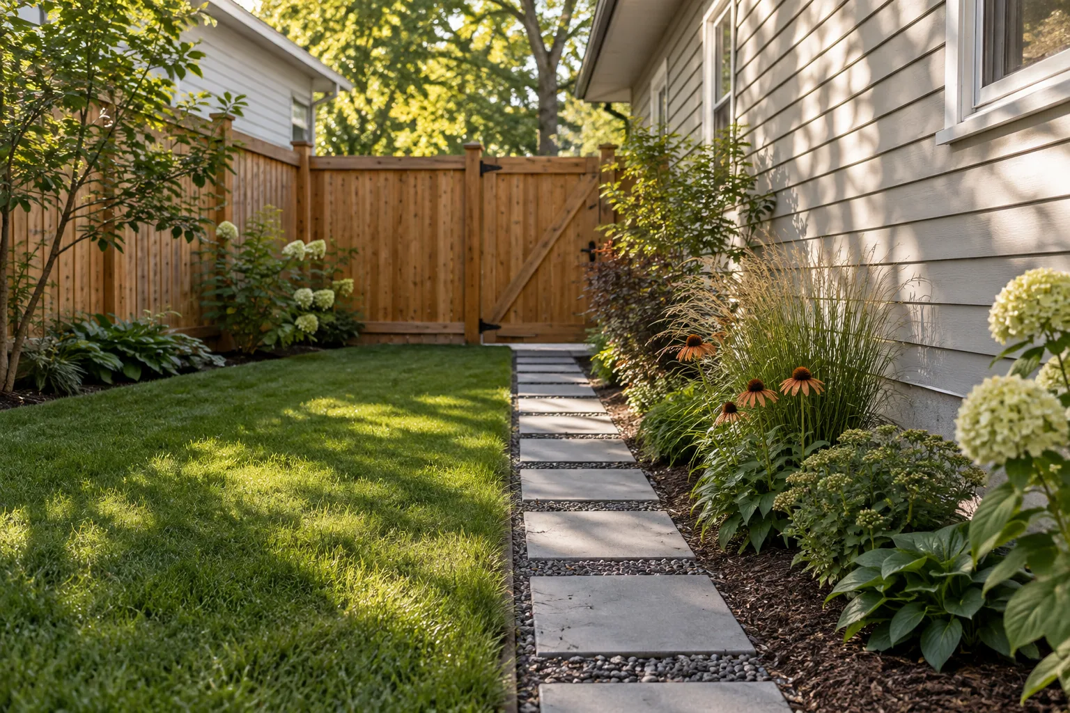 A cedar gate, tidy garden border and edged lawn