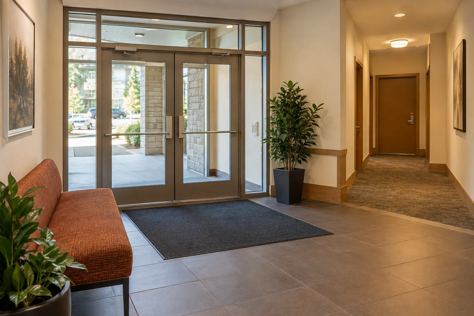 A maintained shared entrance with practical doors and finishes