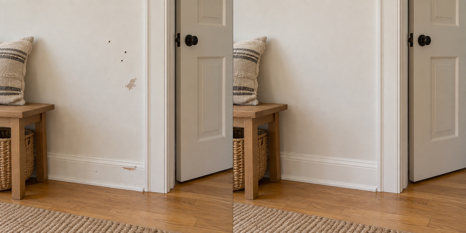 Before-and-after example of holes in a wall and scuffed trim, then repaired and painted.